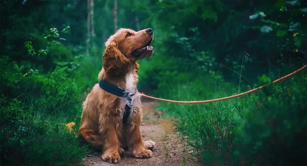 Cocker roux assis en laisse sur un sentier en forêt